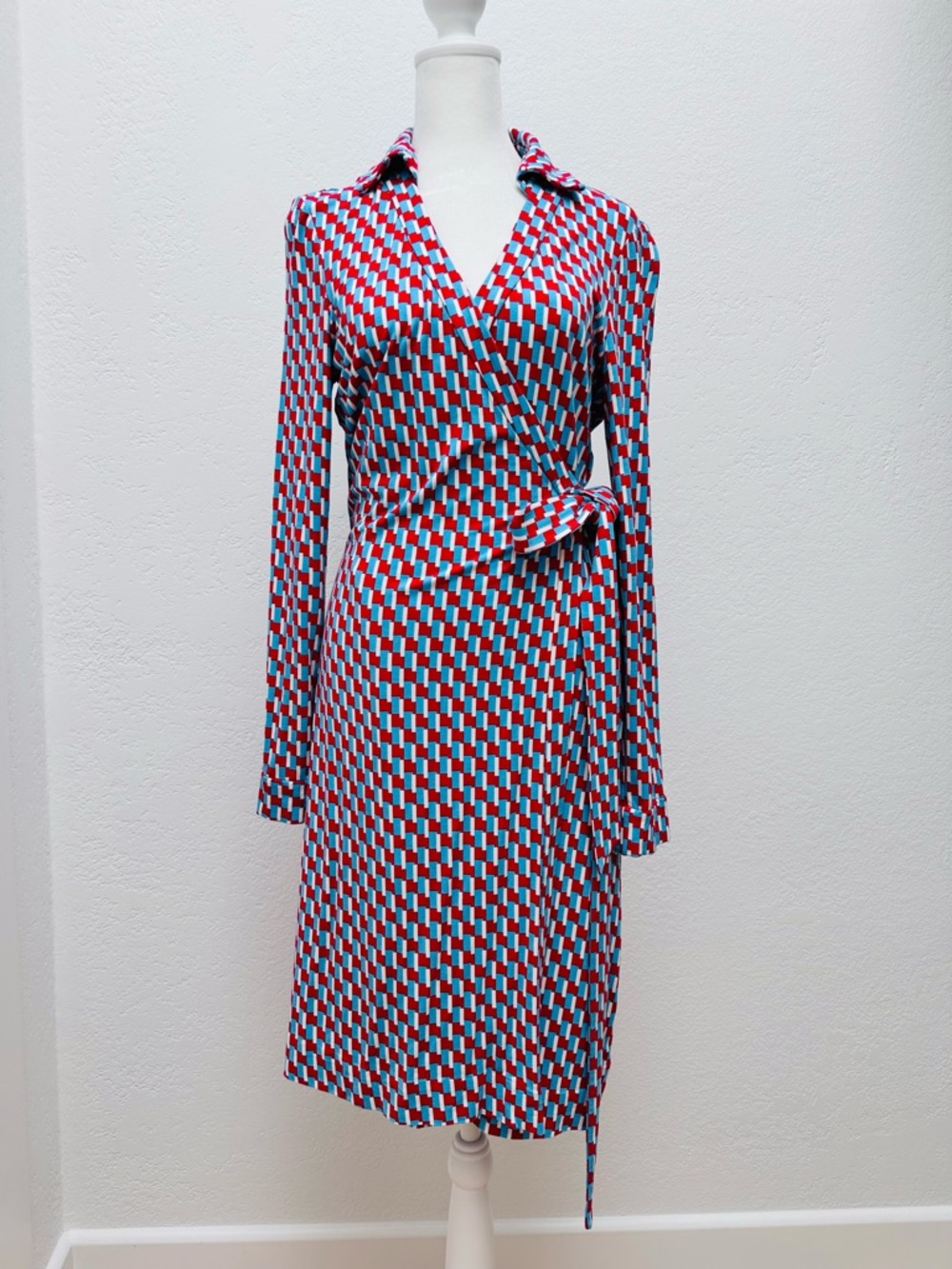 Diane Von Furstenberg Red and Blue Geometric Wrap Dress